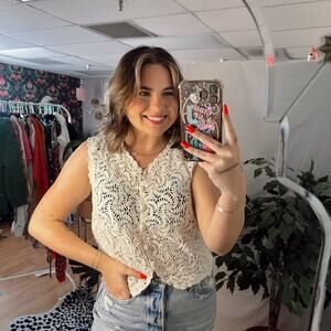 Route 66 Cream Crochet V-Neck Sweater